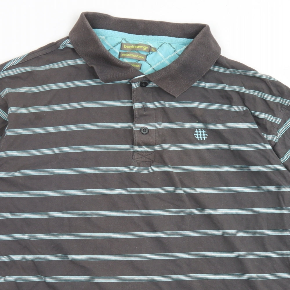 Backswing Mens Grey Striped Cotton  Polo Size L Collared Button - Mergerized Cotton