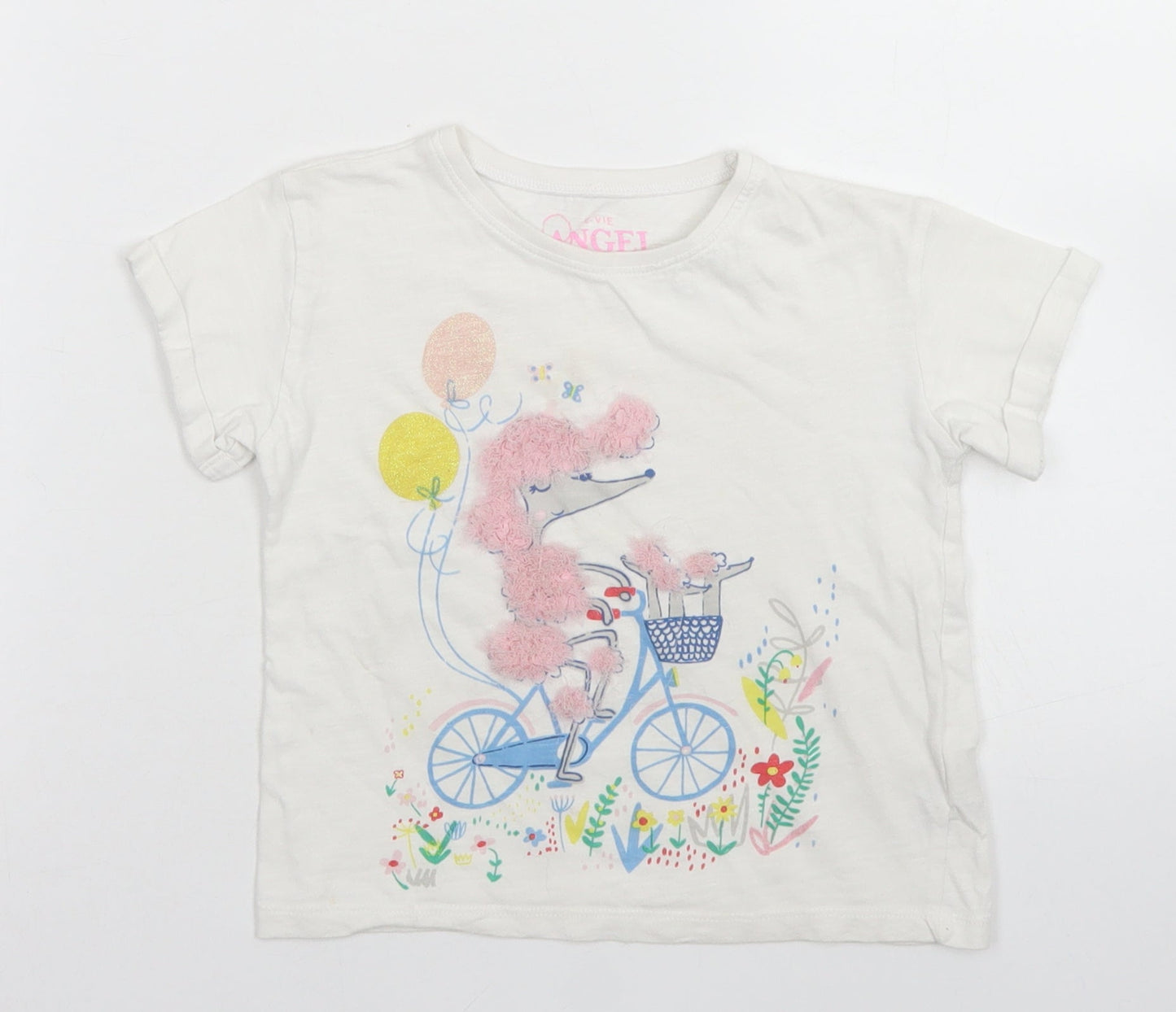E-vie Angel Girls White  Cotton Basic T-Shirt Size 3-4 Years Crew Neck  - Poodle