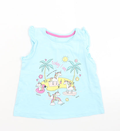 Matalan Girls Blue  Cotton Basic T-Shirt Size 3-4 Years Crew Neck  - Unicorn Beach