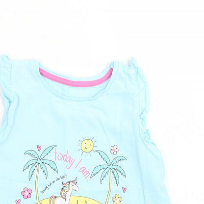 Matalan Girls Blue  Cotton Basic T-Shirt Size 3-4 Years Crew Neck  - Unicorn Beach