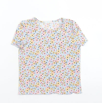 Primark Girls Blue Floral Polyester Basic T-Shirt Size 3-4 Years Crew Neck  - Lettuce Edging