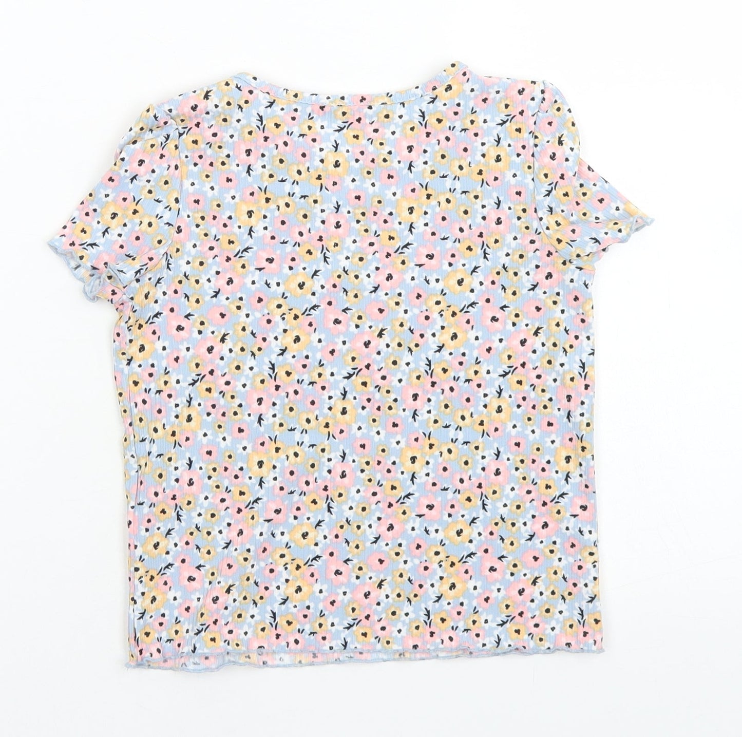 Primark Girls Blue Floral Polyester Basic T-Shirt Size 3-4 Years Crew Neck  - Lettuce Edging