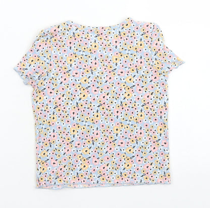 Primark Girls Blue Floral Polyester Basic T-Shirt Size 3-4 Years Crew Neck  - Lettuce Edging