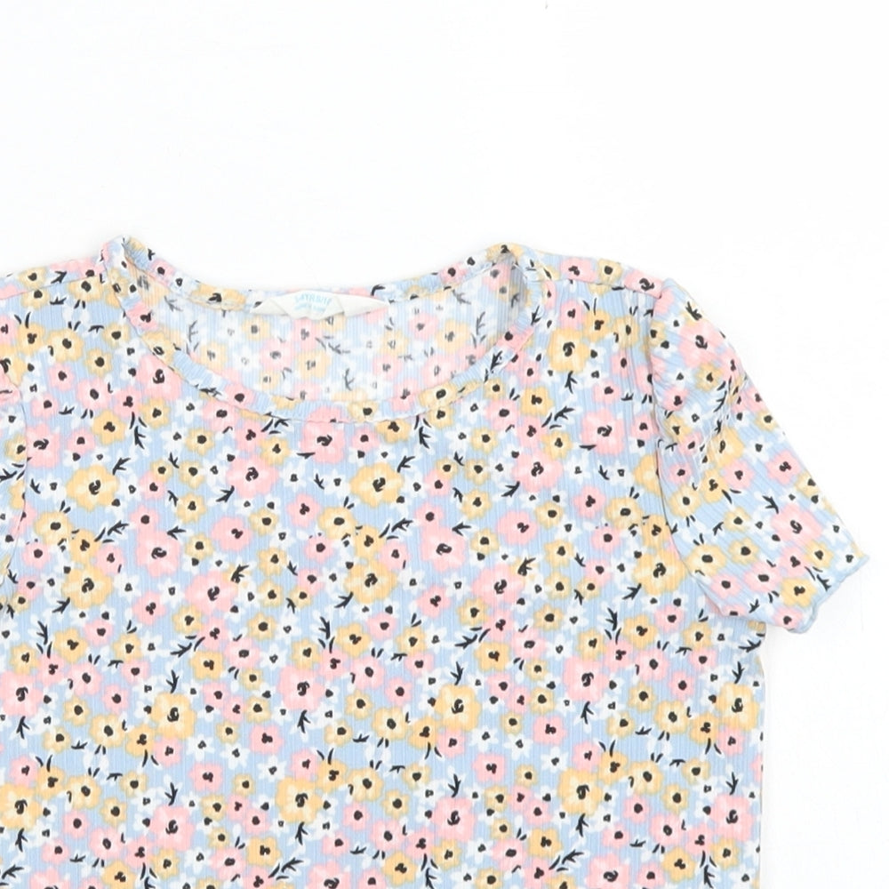 Primark Girls Blue Floral Polyester Basic T-Shirt Size 3-4 Years Crew Neck  - Lettuce Edging