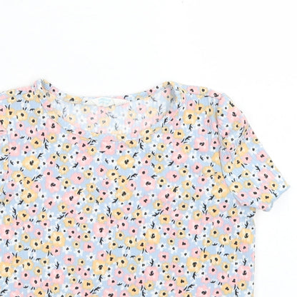 Primark Girls Blue Floral Polyester Basic T-Shirt Size 3-4 Years Crew Neck  - Lettuce Edging