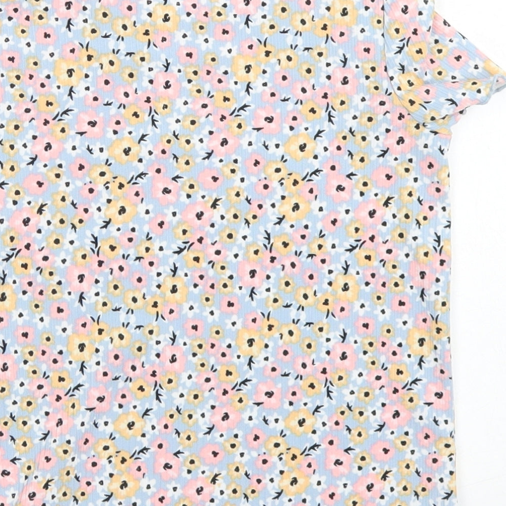 Primark Girls Blue Floral Polyester Basic T-Shirt Size 3-4 Years Crew Neck  - Lettuce Edging