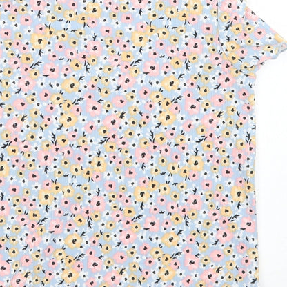Primark Girls Blue Floral Polyester Basic T-Shirt Size 3-4 Years Crew Neck  - Lettuce Edging