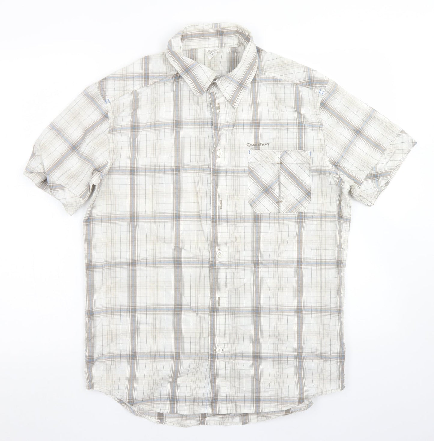 Quechua Mens Ivory Plaid Cotton  Button-Up Size M Collared Button