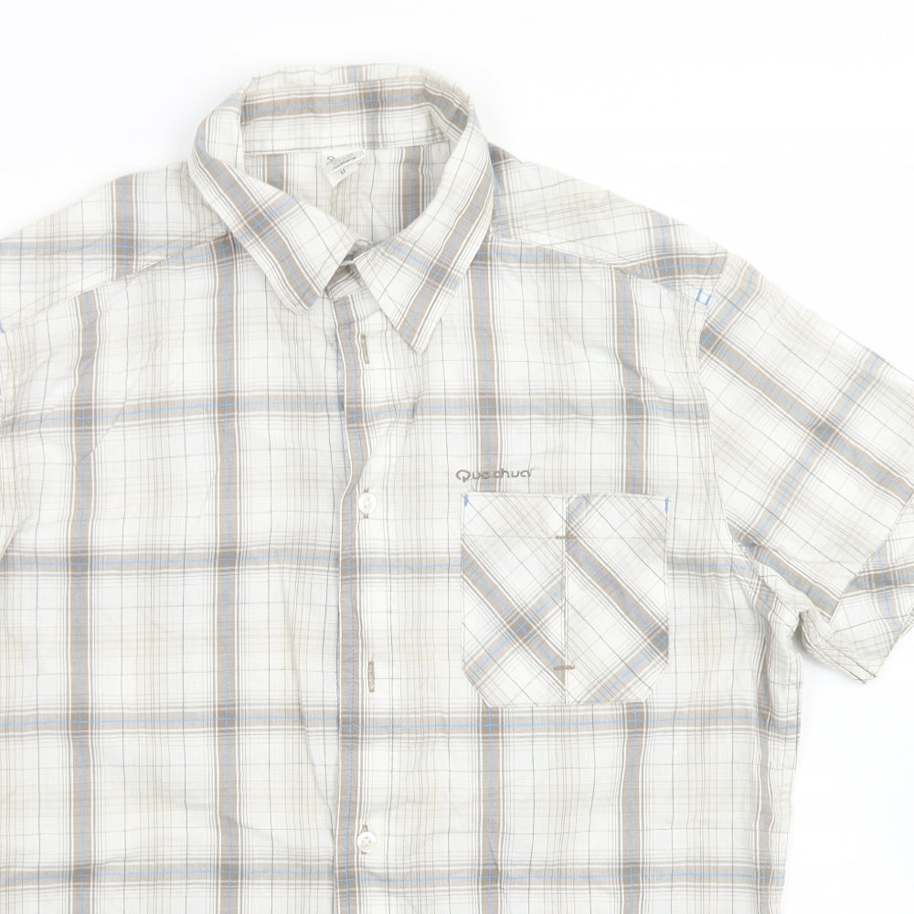 Quechua Mens Ivory Plaid Cotton  Button-Up Size M Collared Button