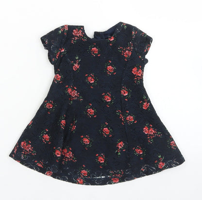Primark Girls Blue Floral Polyester Fit & Flare  Size 3-6 Months  Crew Neck Button