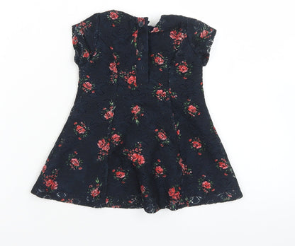 Primark Girls Blue Floral Polyester Fit & Flare  Size 3-6 Months  Crew Neck Button