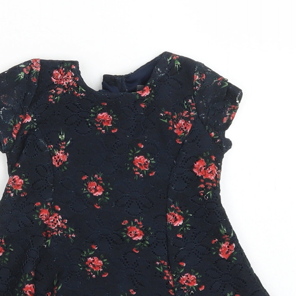 Primark Girls Blue Floral Polyester Fit & Flare  Size 3-6 Months  Crew Neck Button
