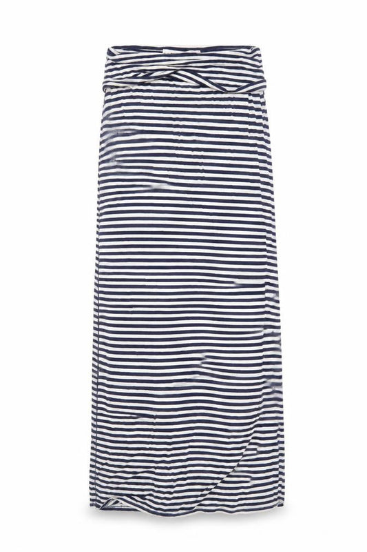 Front view of Max Studio women’s blue striped elastane maxi, size M, off the shoulder