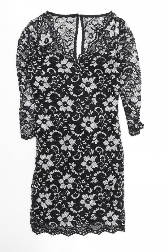 Lipsy Womens Black Floral Viscose Shift  Size 12  V-Neck Button