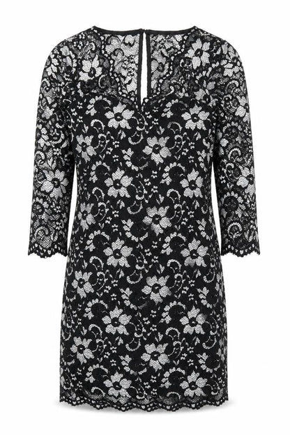 Front view of Lipsy women’s black floral viscose shift, size UK 12, v-neck button