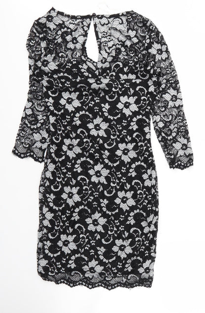 Lipsy Womens Black Floral Viscose Shift  Size 12  V-Neck Button
