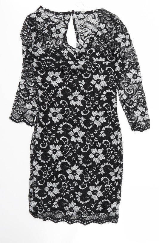 Lipsy Womens Black Floral Viscose Shift  Size 12  V-Neck Button