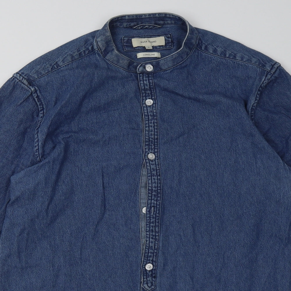 River Island Womens Blue  Cotton A-Line  Size S  Crew Neck Button - longline