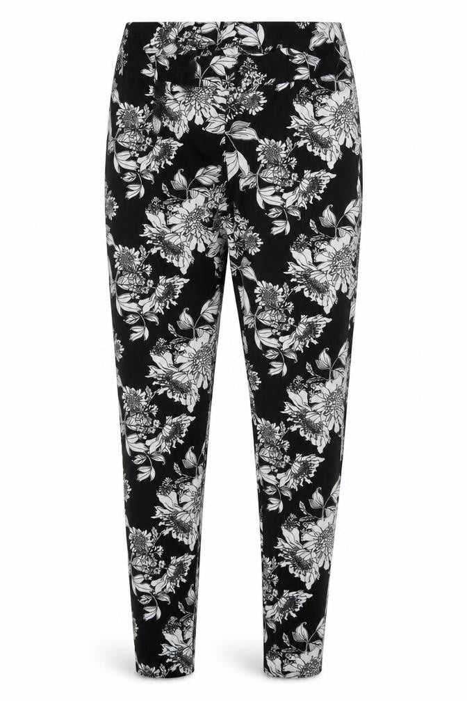 Front view of H&M women’s black floral polyester sweatpants, size S, 30-inch leg regular