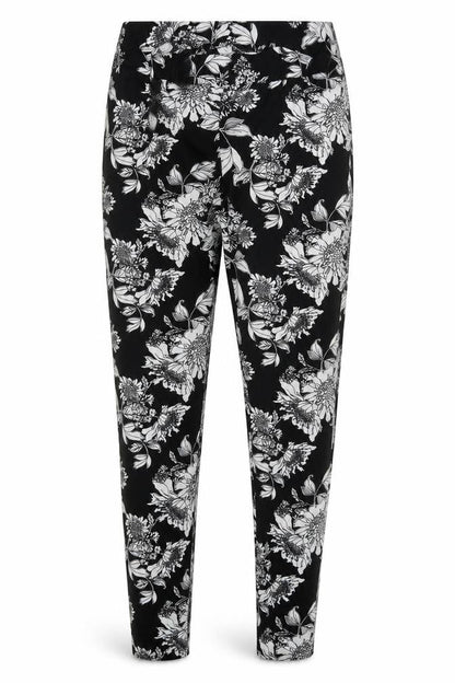 Front view of H&M women’s black floral polyester sweatpants, size S, 30-inch leg regular