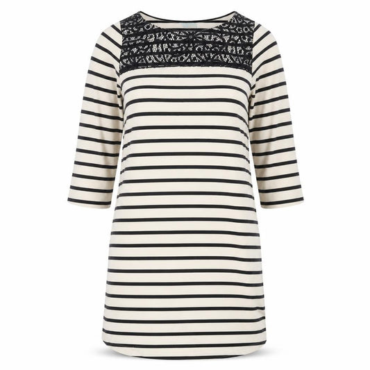 Front view of Dickins & Jones women’s beige striped cotton t-shirt dress, size UK 10, round neck - lace detail