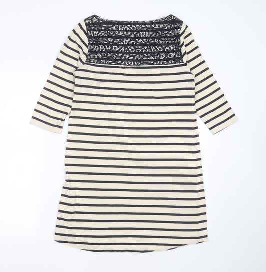 Dickins & Jones Womens Beige Striped Cotton T-Shirt Dress  Size 10  Round Neck  - Lace detail