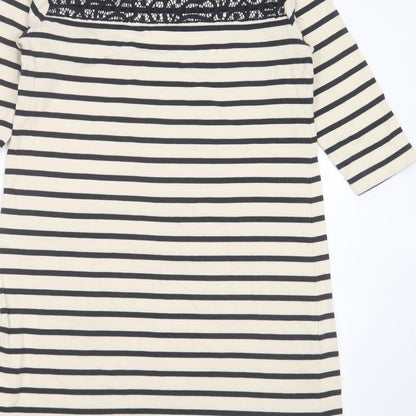 Dickins & Jones Womens Beige Striped Cotton T-Shirt Dress  Size 10  Round Neck  - Lace detail
