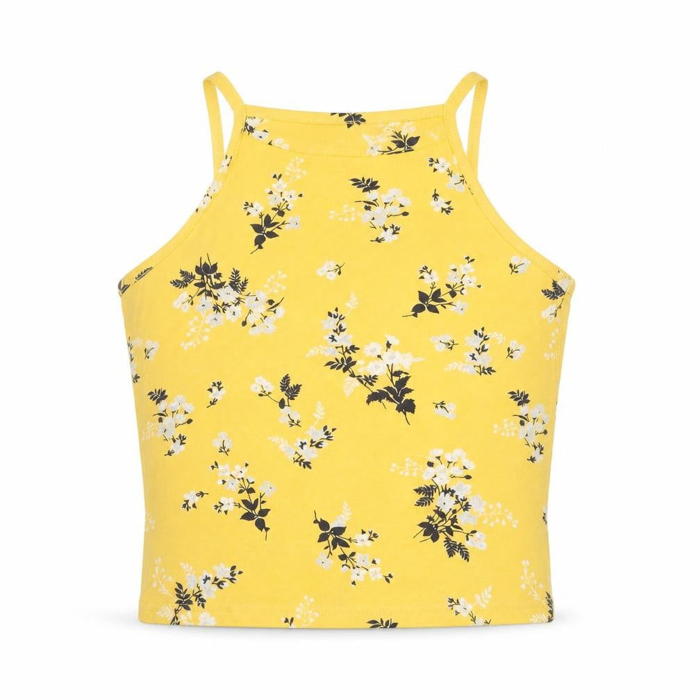 Front view of New Look women’s yellow floral cotton cropped t-shirt, size UK 8, round neck