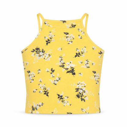 Front view of New Look women’s yellow floral cotton cropped t-shirt, size UK 8, round neck