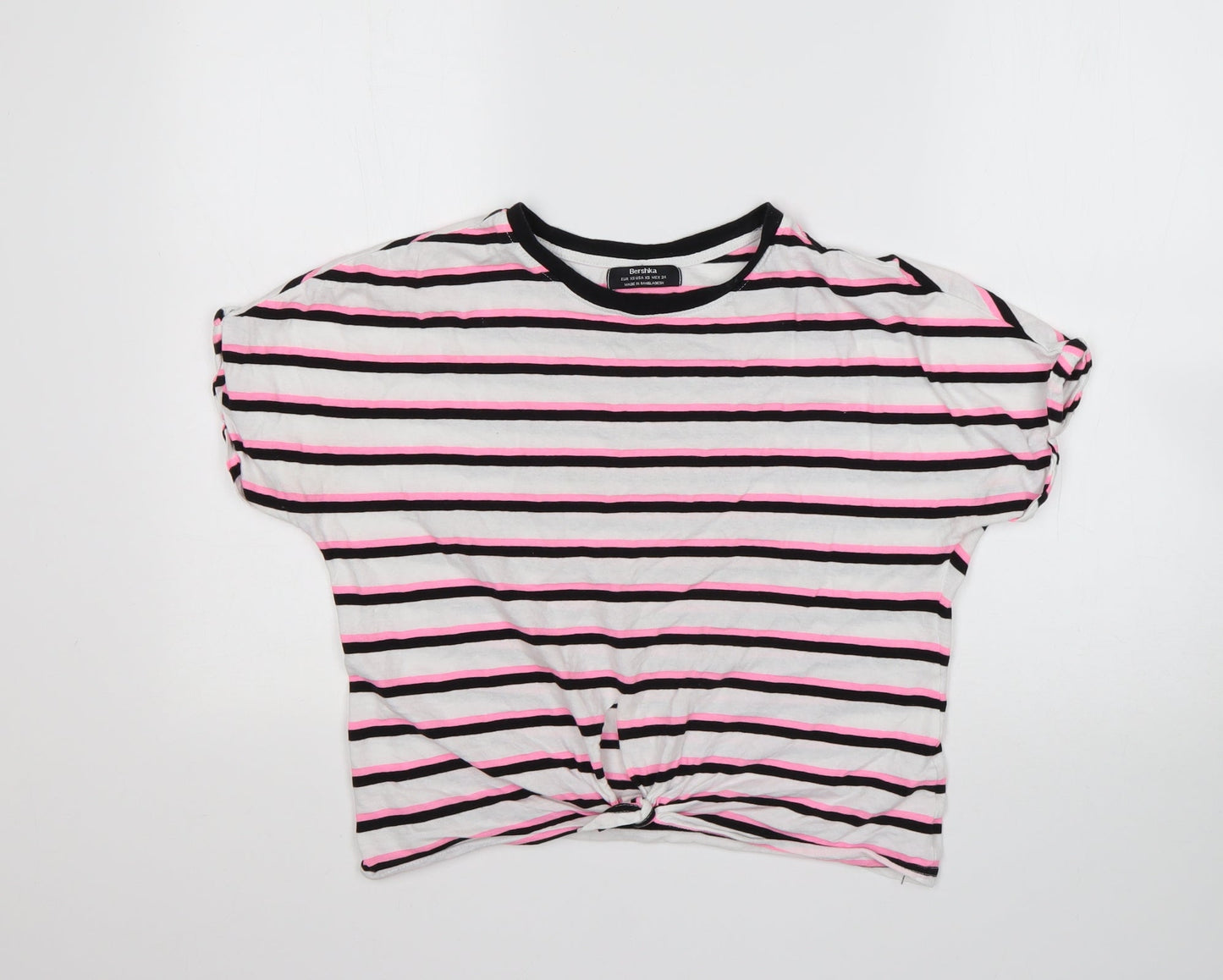 Bershka  Womens Multicoloured Striped Cotton Basic T-Shirt Size XS Round Neck