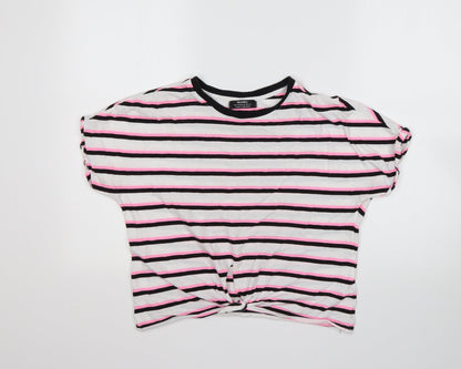 Bershka  Womens Multicoloured Striped Cotton Basic T-Shirt Size XS Round Neck