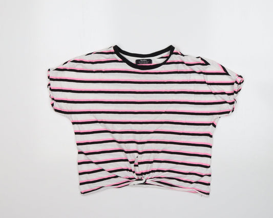 Bershka  Womens Multicoloured Striped Cotton Basic T-Shirt Size XS Round Neck