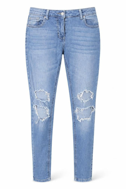 Front view of Quiz women’s blue cotton skinny jeans, size UK 8, 29-inch leg regular
