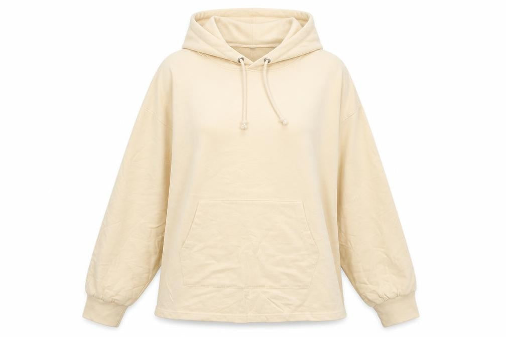 Front view of Boohoo women’s beige polyester pullover hoodie, size S