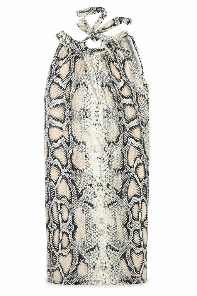 Front view of women’s multicoloured animal print polyester pencil dress one size halter - soft, summer