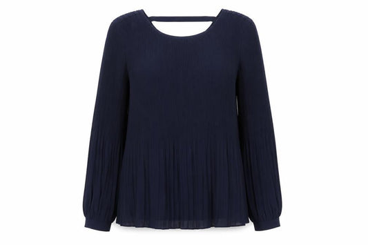 Front view of ICHI women’s blue polyester basic blouse, size M, round neck