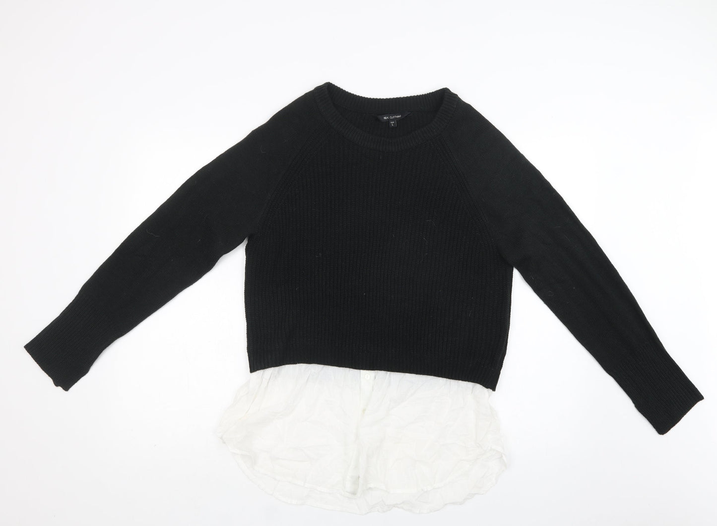Real Clothing Womens Black Crew Neck  Acrylic Pullover Jumper Size L