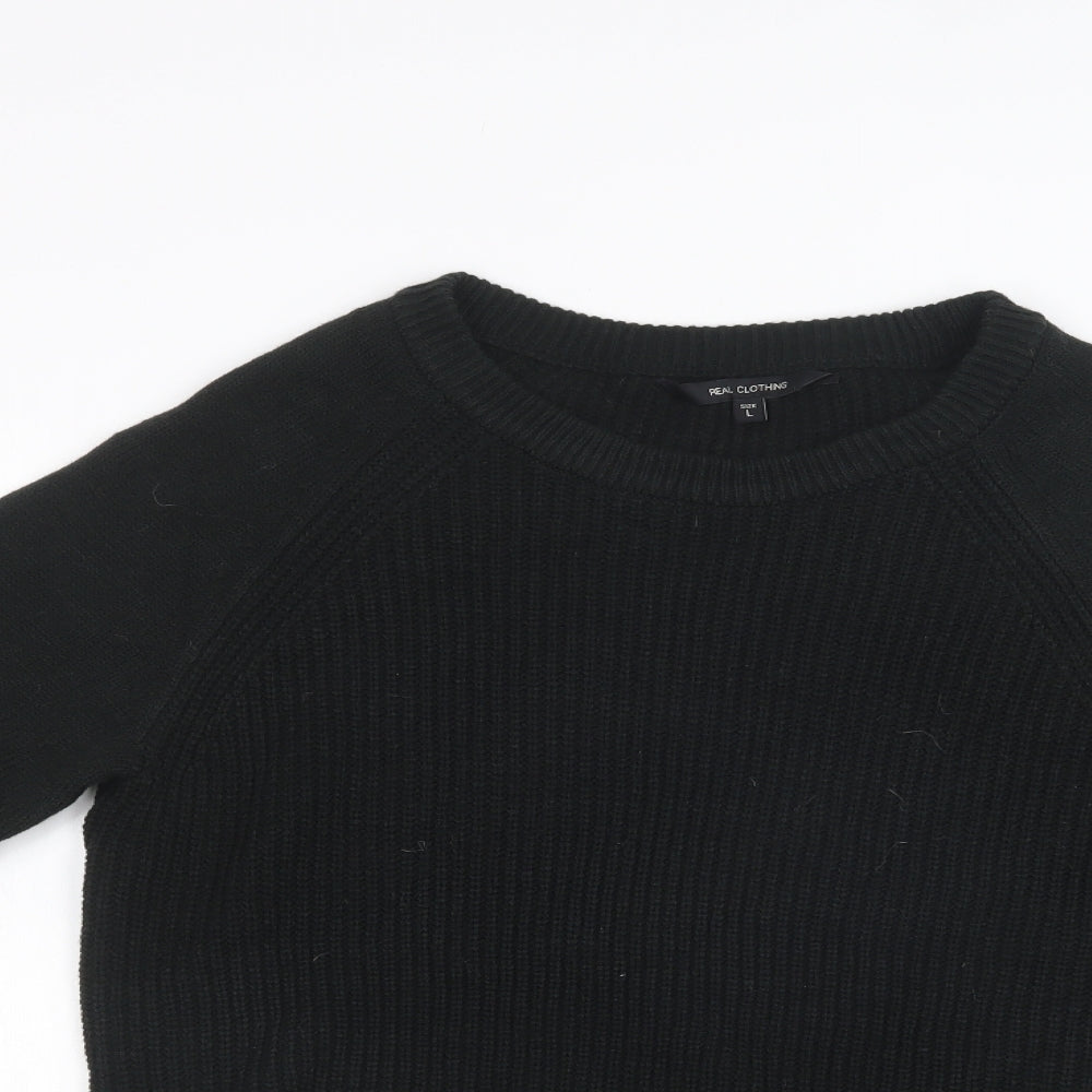 Real Clothing Womens Black Crew Neck  Acrylic Pullover Jumper Size L