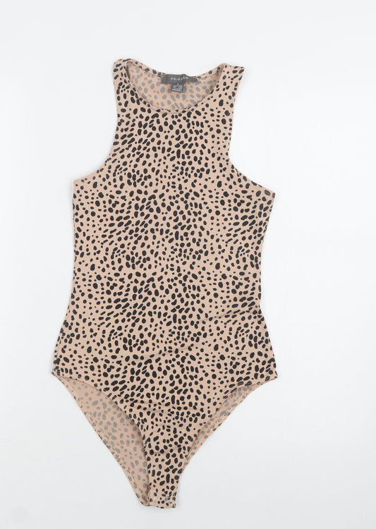 Primark Womens Beige Animal Print Polyester Bodysuit One-Piece Size S  Snap