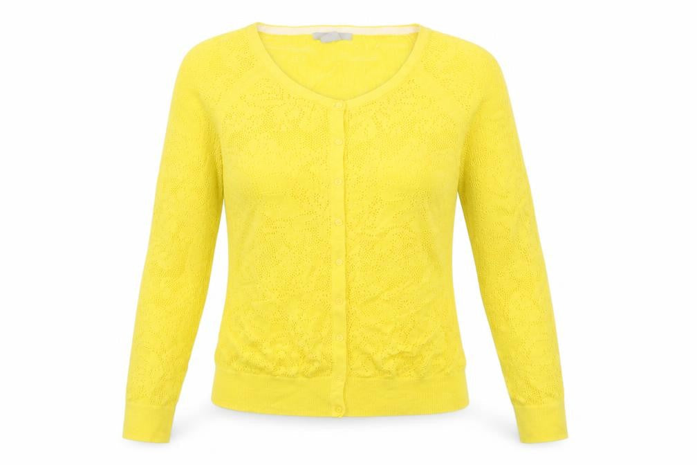 Front view of H&M women’s yellow crew neck cotton cardigan jumper, size XS