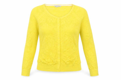 Front view of H&M women’s yellow crew neck cotton cardigan jumper, size XS