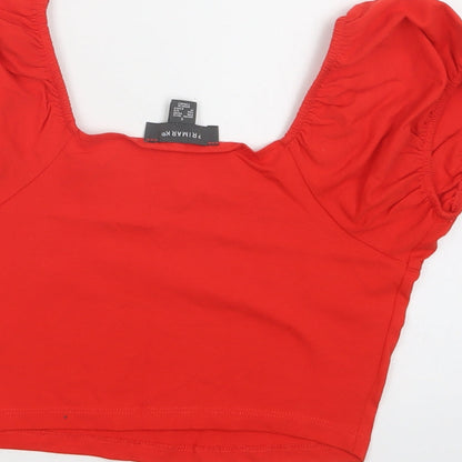 Primark Womens Red  Cotton Cropped Blouse Size S Round Neck