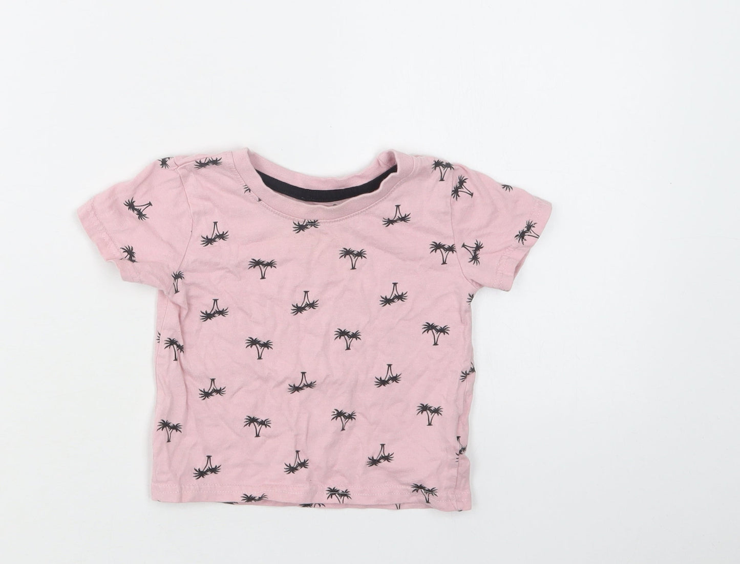 Primark Baby Pink Geometric Cotton Basic T-Shirt Size 9-12 Months Crew Neck  - Palm Tree Print