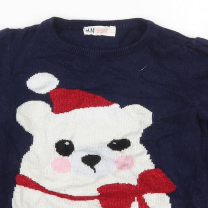H&M Girls Blue Round Neck  Viscose Pullover Jumper Size 7-8 Years  Pullover - Polar Bear