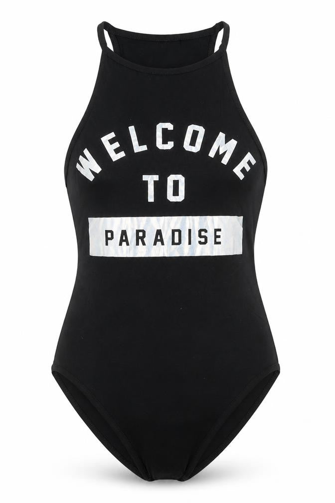 Front view of Topshop women’s black cotton bodysuit one-piece, size UK 6, button - welcome to paradise