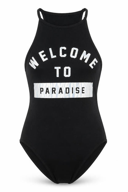 Front view of Topshop women’s black cotton bodysuit one-piece, size UK 6, button - welcome to paradise