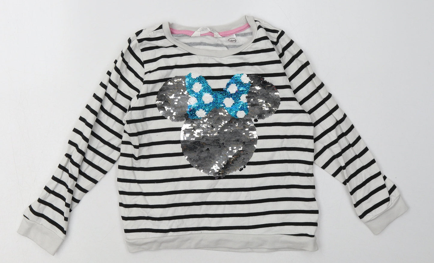 H&M Girls White Striped Cotton Pullover Sweatshirt Size 6-7 Years  Pullover - Sequin Detail, minnie mouse