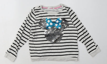 H&M Girls White Striped Cotton Pullover Sweatshirt Size 6-7 Years  Pullover - Sequin Detail, minnie mouse