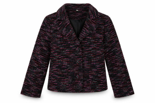 Front view of EWM women’s pink geometric jacket blazer, size UK 16, button
