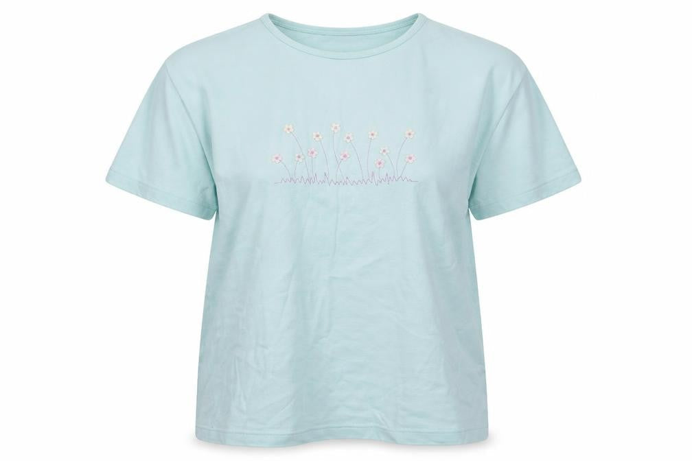 Front view of Holmewood women’s blue floral cotton basic t-shirt, size M, crew neck